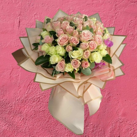Bouquet of 51 White and Pink Roses